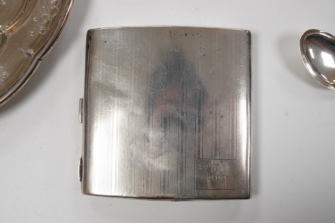 An early Victorian engraved silver plate, of cusped form, by Riley & Storer, London, 1844, with later engraved inscription, 17.5cm, together with two later silver cigarette cases, three silver condiments, a late Victoria